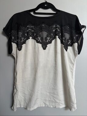 LC Lauren Conrad Black and White Lace-Trim Blouse